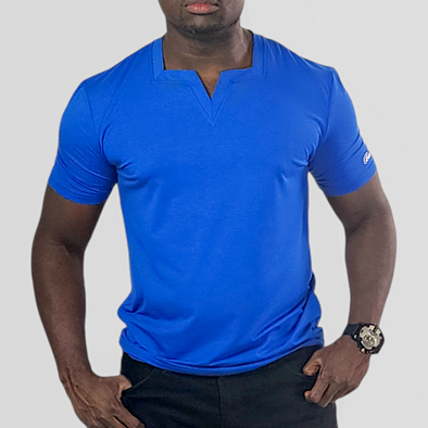 Blue Short Sleeves Square v-neck T shirt for Men