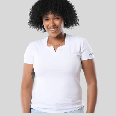 Women's White Blue Cavalz Square V-Neck T Shirt