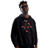 Man wearing Blue Cavalz black pullover hoodie with a depiction of life on it.