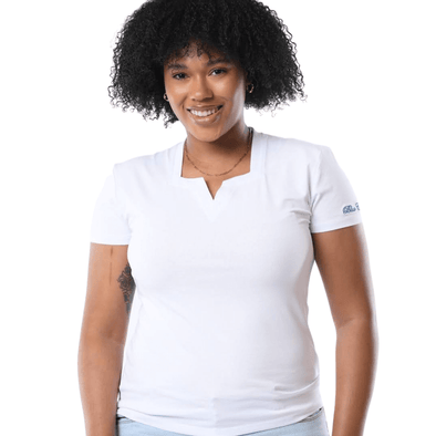 Women's White Blue Cavalz Square V-Neck T Shirt