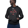 Man wearing Blue Cavalz black pullover hoodie with a depiction of life on it.